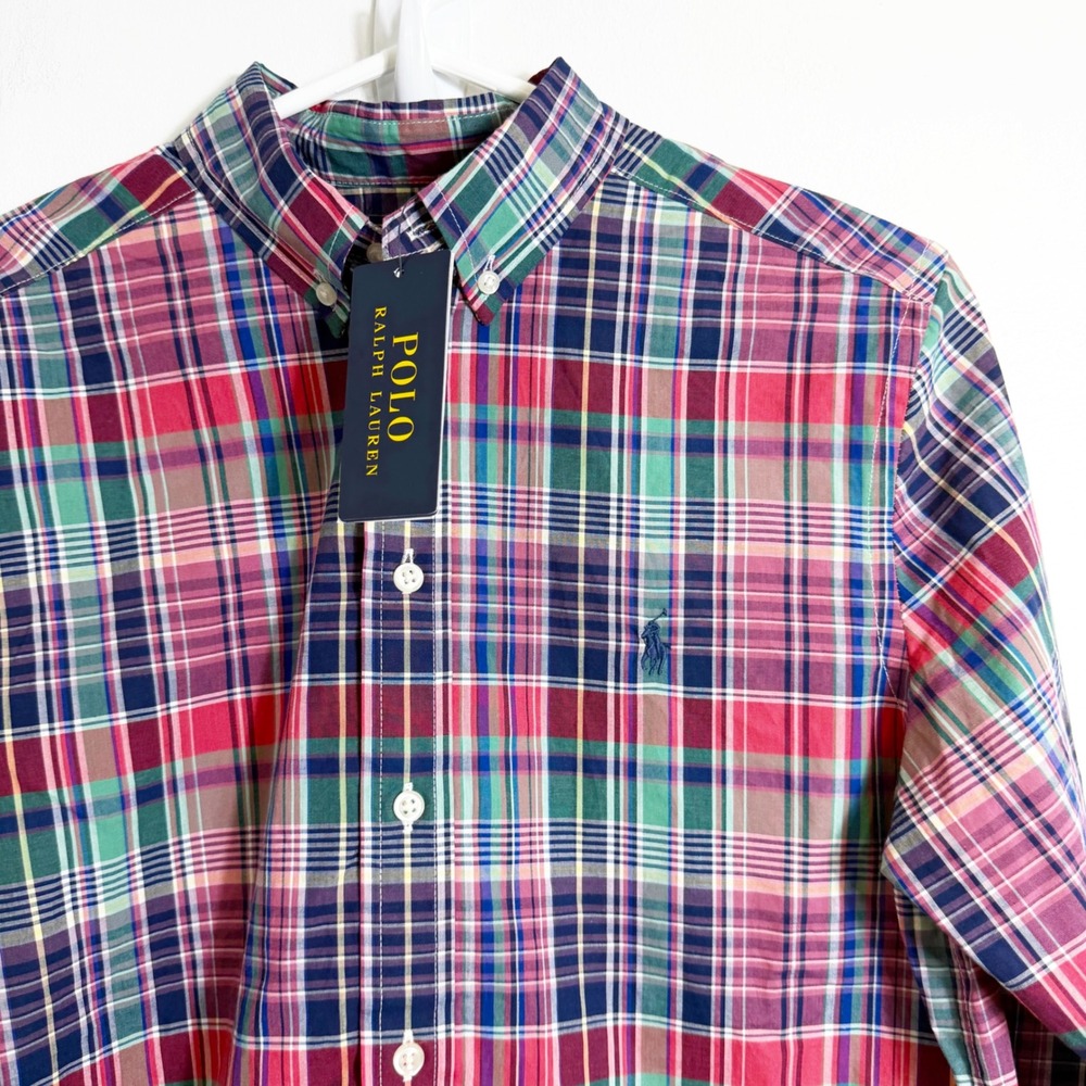 Polo Ralph Lauren Button Down Boys L 14-16 Multi Color Plaid Natural Stretch NWT